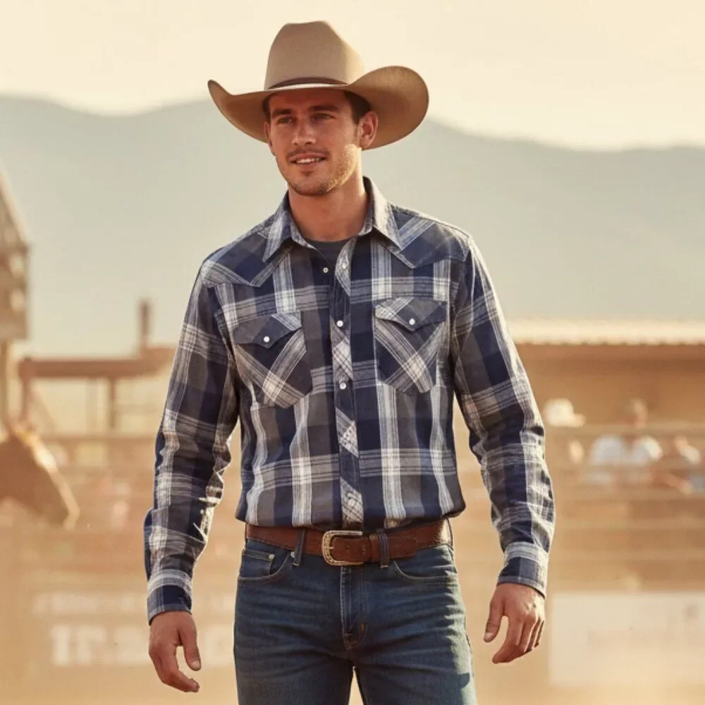 Levi's Men’s Blue Plaid Western Pearl Snap Shirt – Size Large